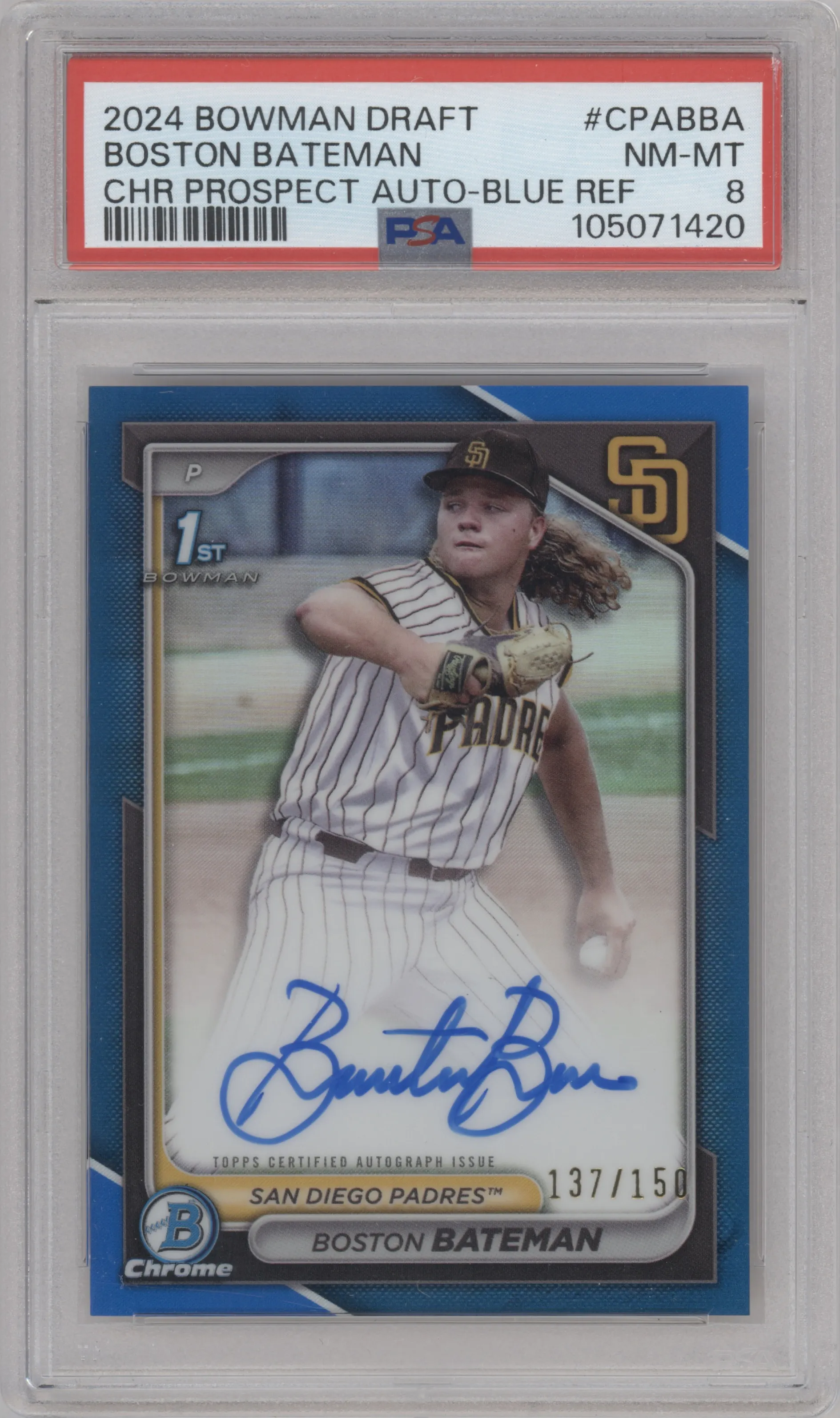 Boston Bateman from the 2024 Bowman Draft set featuring a Blue Refractor parallel graded by PSA and given an overall grade of 8.