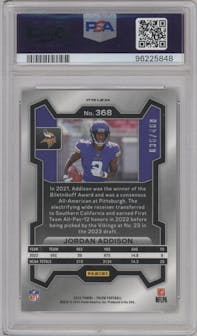 Jordan Addison from the 2023 Panini Prizm set featuring a Pandora parallel graded by PSA and given an overall grade of 10.