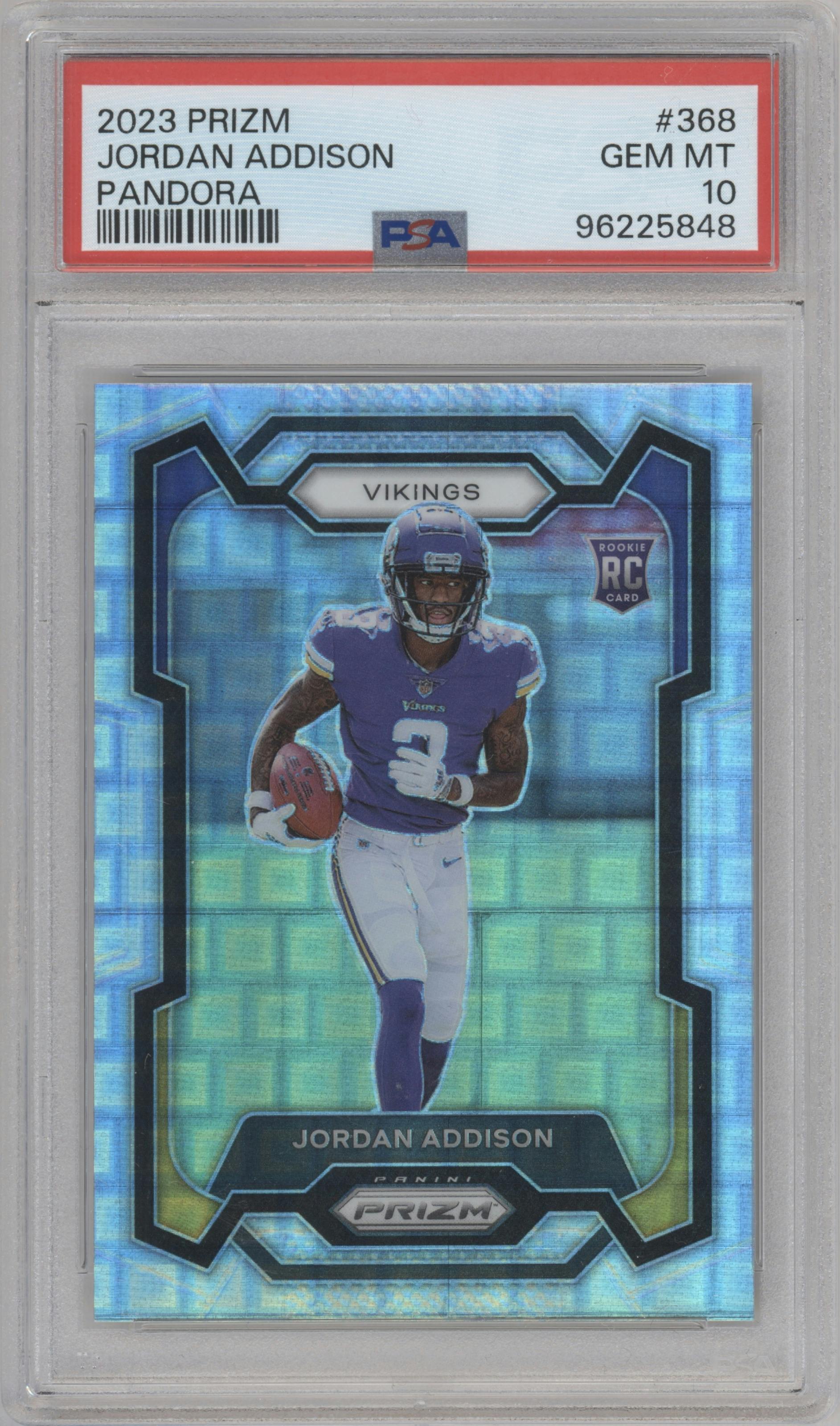 Jordan Addison from the 2023 Panini Prizm set featuring a Pandora parallel graded by PSA and given an overall grade of 10.