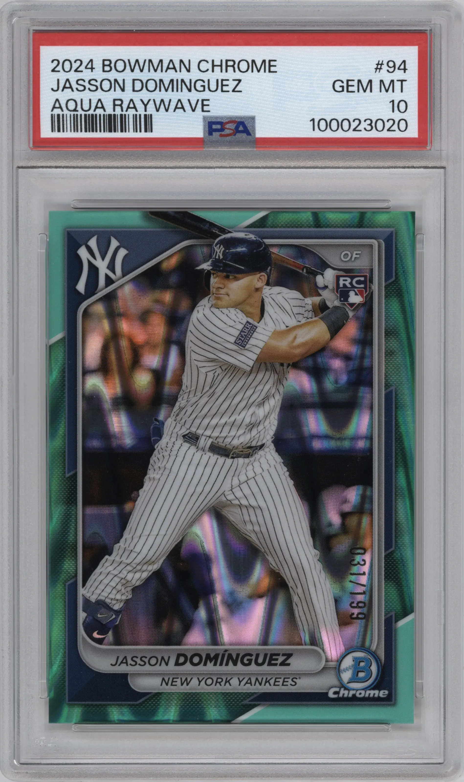 2024 Bowman Chrome Jasson Dominguez Aqua Raywave Refractor PSA 10