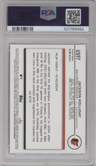 Jackson Holliday from the 2024 Topps Update set featuring a Silver Crackle Foilboard parallel graded by PSA and given an overall grade of 9.