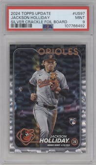 Jackson Holliday from the 2024 Topps Update set featuring a Silver Crackle Foilboard parallel graded by PSA and given an overall grade of 9.