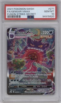 Gengar VMAX from the 2021 Pokemon SWSH set graded by PSA and given an overall grade of 10.