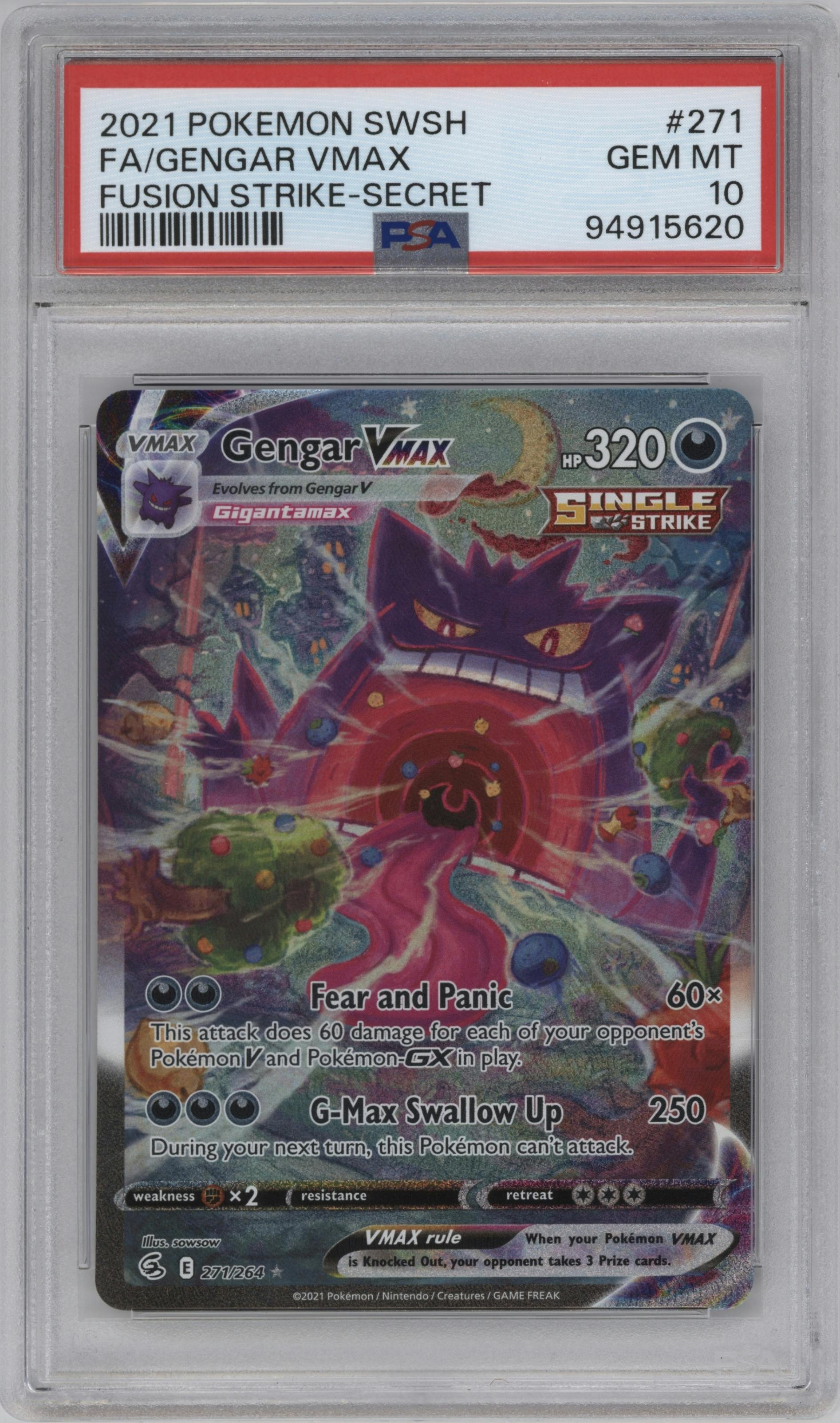 Gengar VMAX from the 2021 Pokemon SWSH set graded by PSA and given an overall grade of 10.
