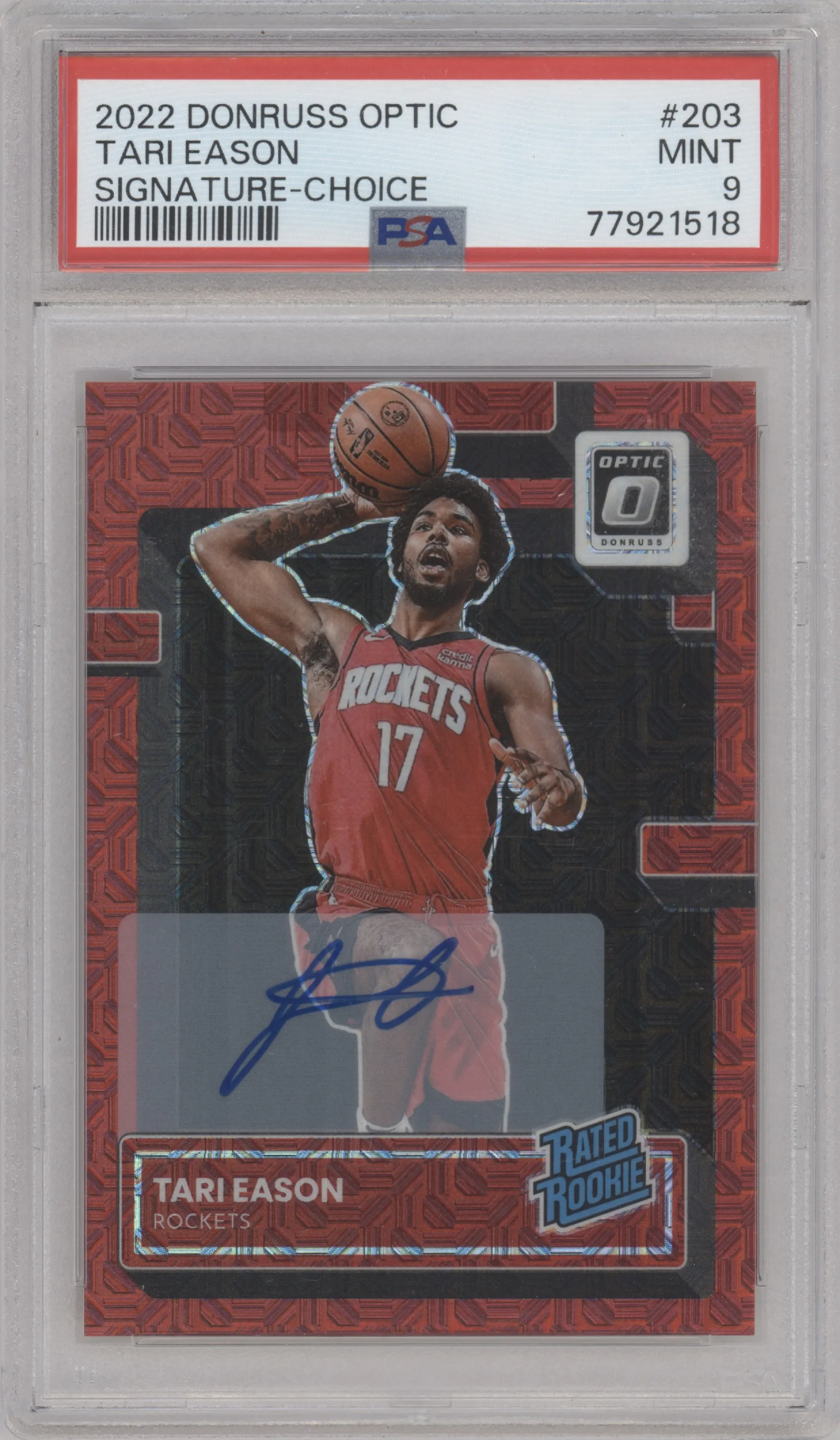 Tari Eason from the 2022-23 Panini Donruss Optic  set featuring a Choice parallel graded by PSA and given an overall grade of 9.