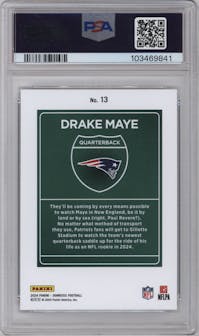 Drake Maye from the 2024 Donruss set graded by PSA and given an overall grade of 9.