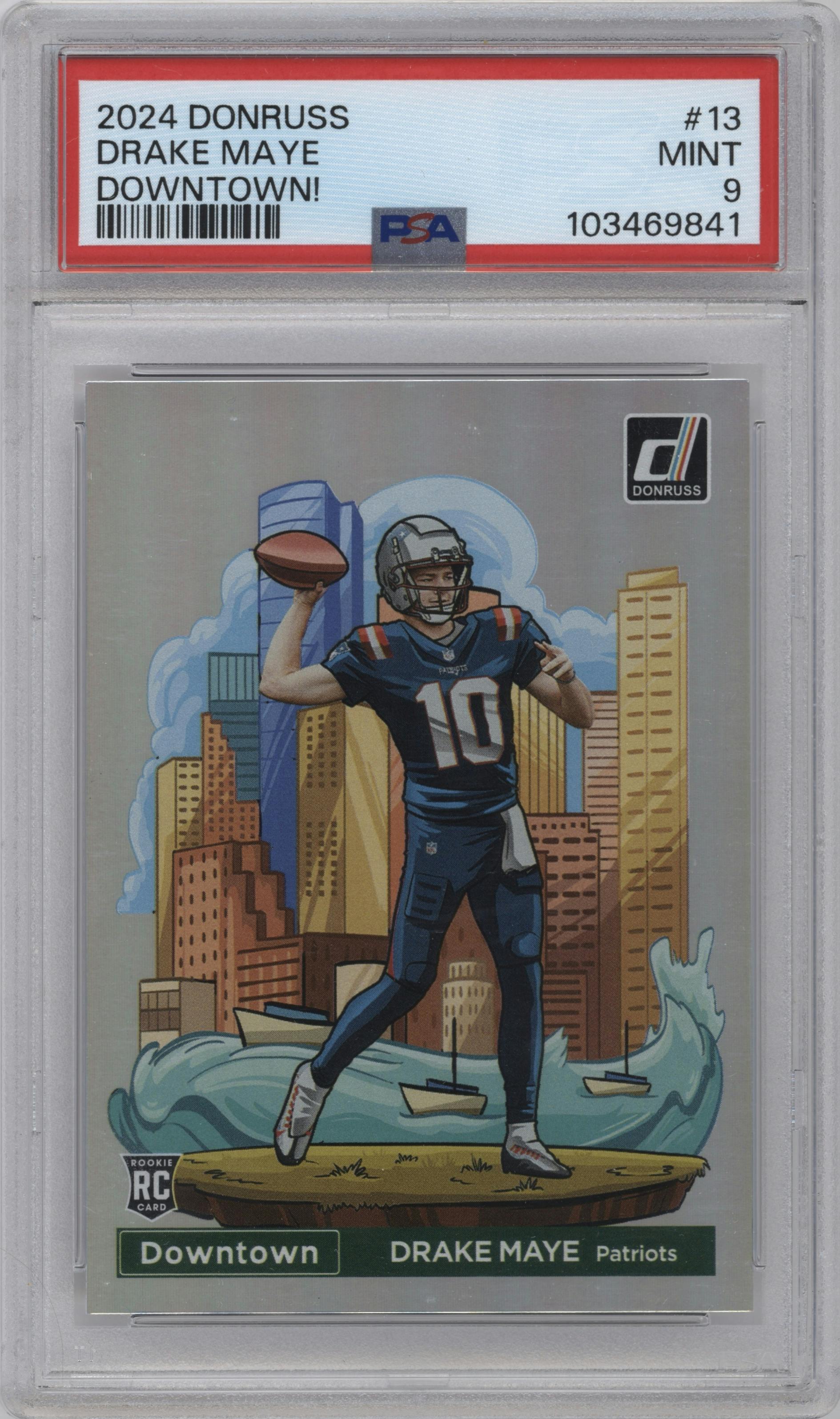 Drake Maye from the 2024 Donruss set graded by PSA and given an overall grade of 9.