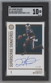 Jalen Hurts from the 2021 Panini Encased set graded by SGC and given an overall grade of 10.