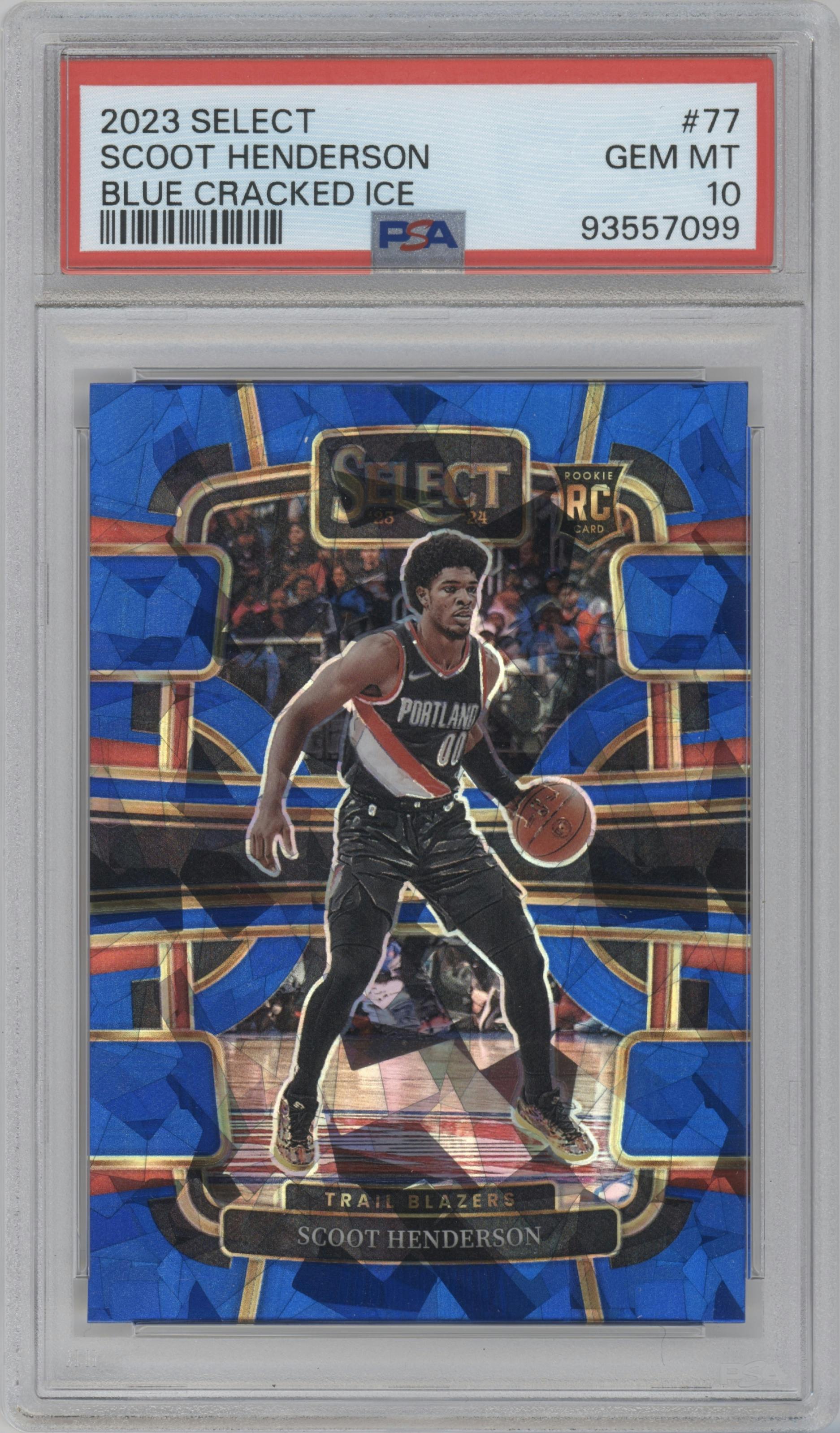 Scoot Henderson from the 2023-24 Panini Select  set featuring a Blue Cracked Ice parallel graded by PSA and given an overall grade of 10.