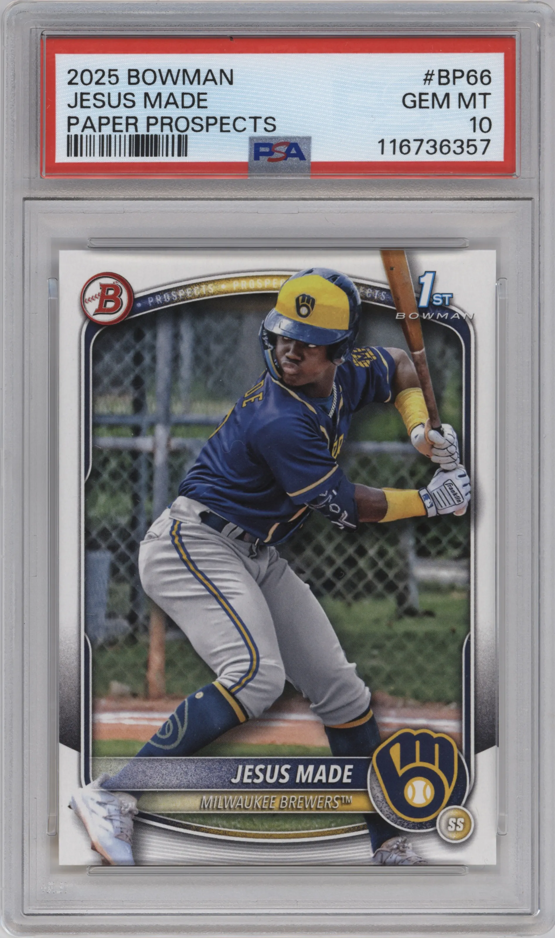 Jesus Made from the 2025 Bowman set graded by PSA and given an overall grade of 10.