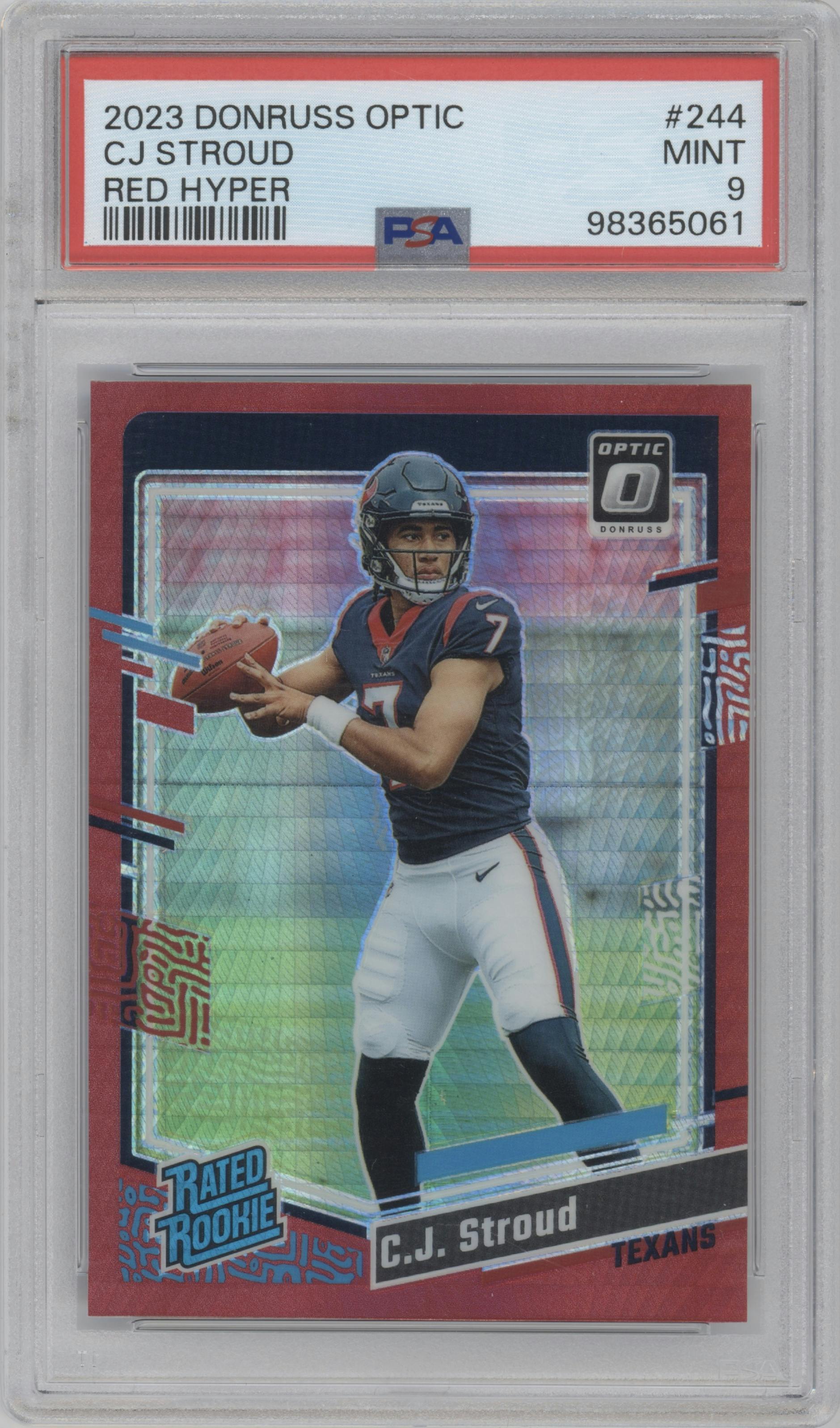 C.J. Stroud from the 2023 Donruss Optic set featuring a Hyper Red parallel graded by PSA and given an overall grade of 9.