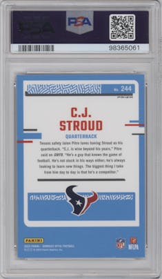 C.J. Stroud from the 2023 Donruss Optic set featuring a Hyper Red parallel graded by PSA and given an overall grade of 9.