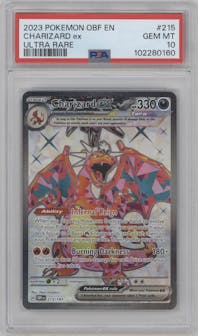 Charizard ex from the 2023 Pokemon SV set graded by PSA and given an overall grade of 10.