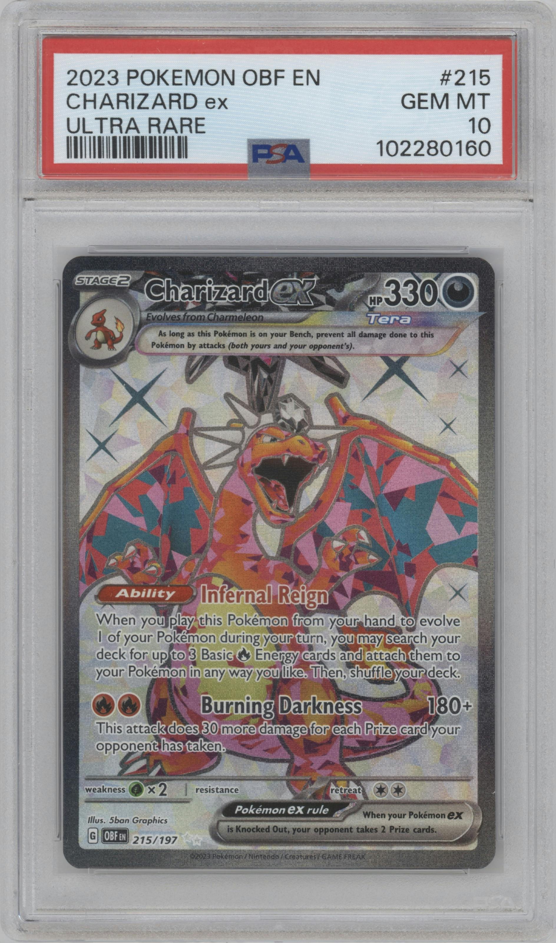 Charizard ex from the 2023 Pokemon SV set graded by PSA and given an overall grade of 10.