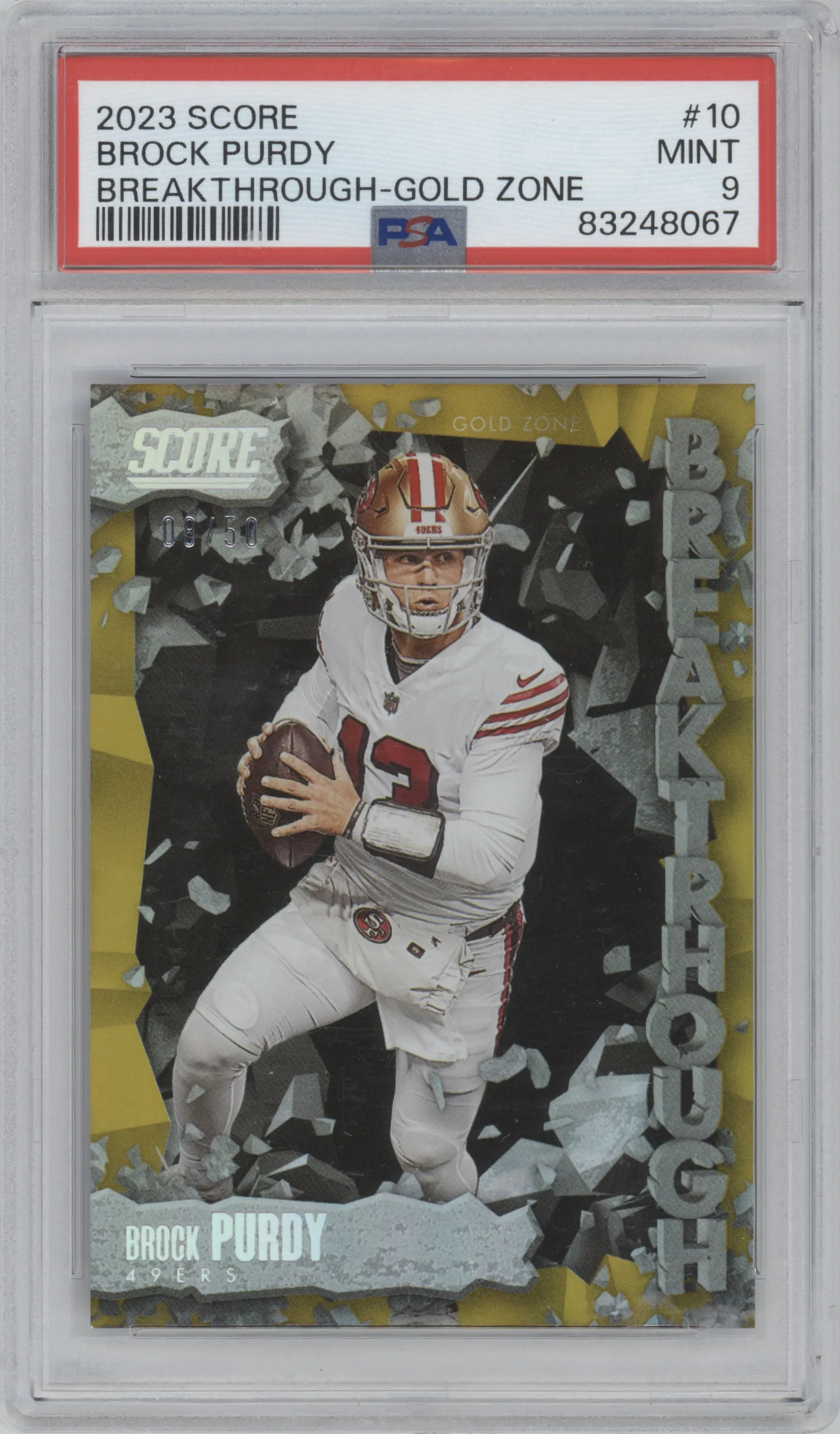 Brock Purdy from the 2023 Panini Score set featuring a Gold Zone parallel graded by PSA and given an overall grade of 9.