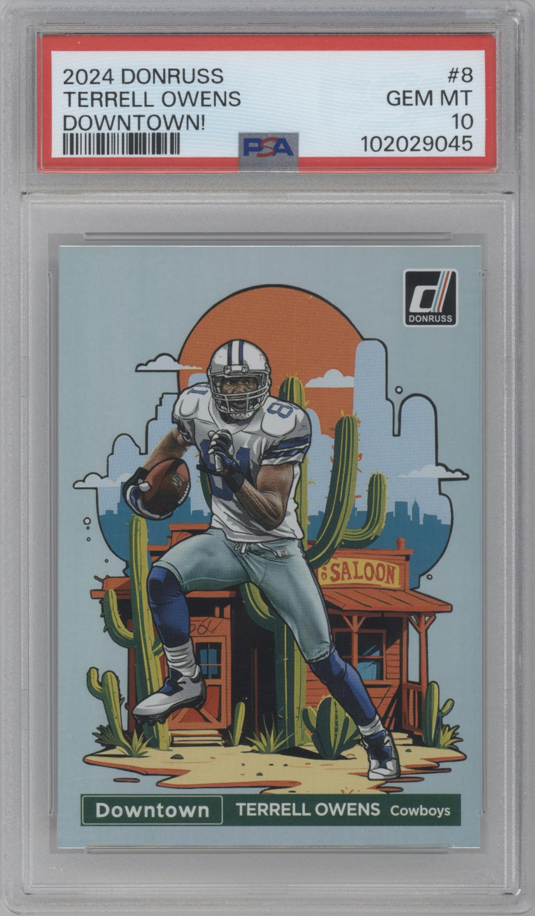 Terrell Owens from the 2024 Donruss set graded by PSA and given an overall grade of 10.