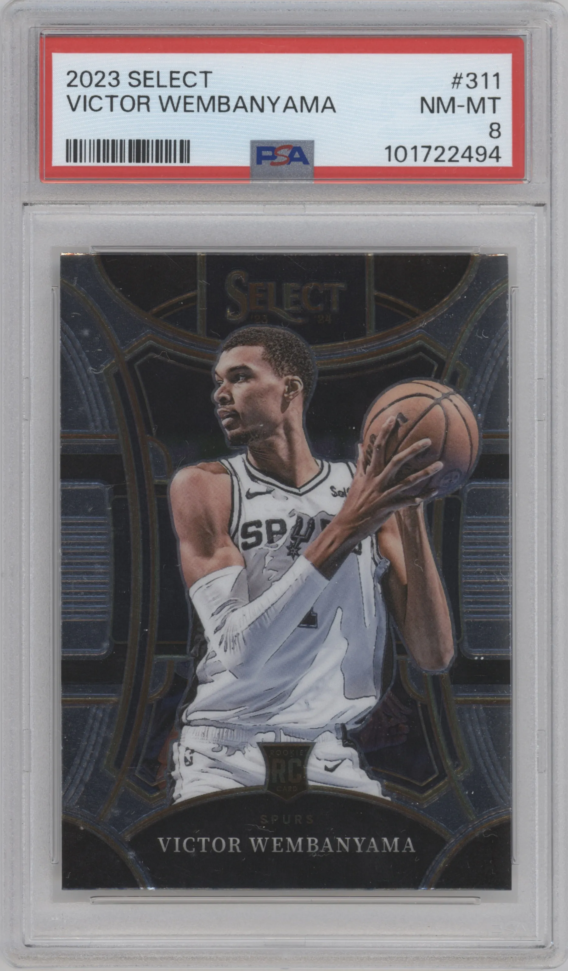 Victor Wembanyama from the 2023-24 Panini Select  set graded by PSA and given an overall grade of 8.