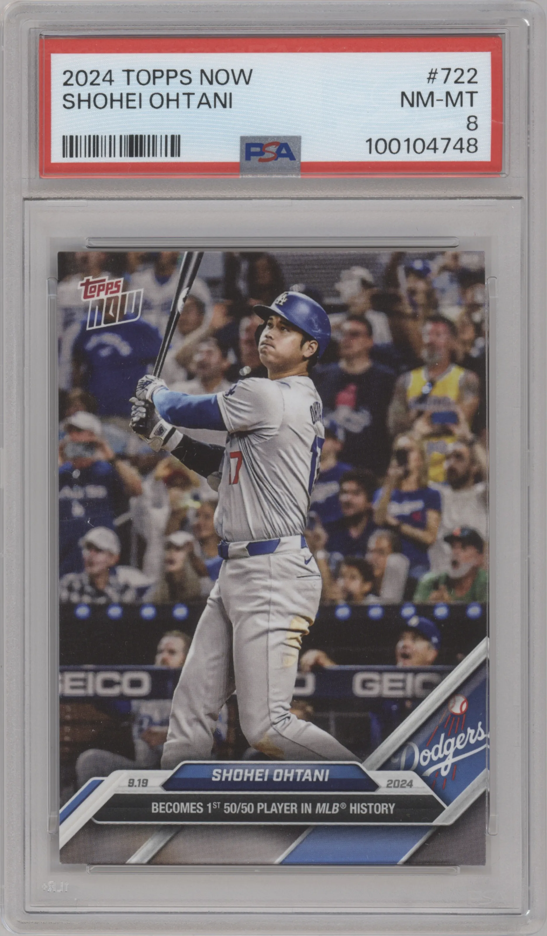 Shohei Ohtani from the 2024 Topps Now set graded by PSA and given an overall grade of 8.