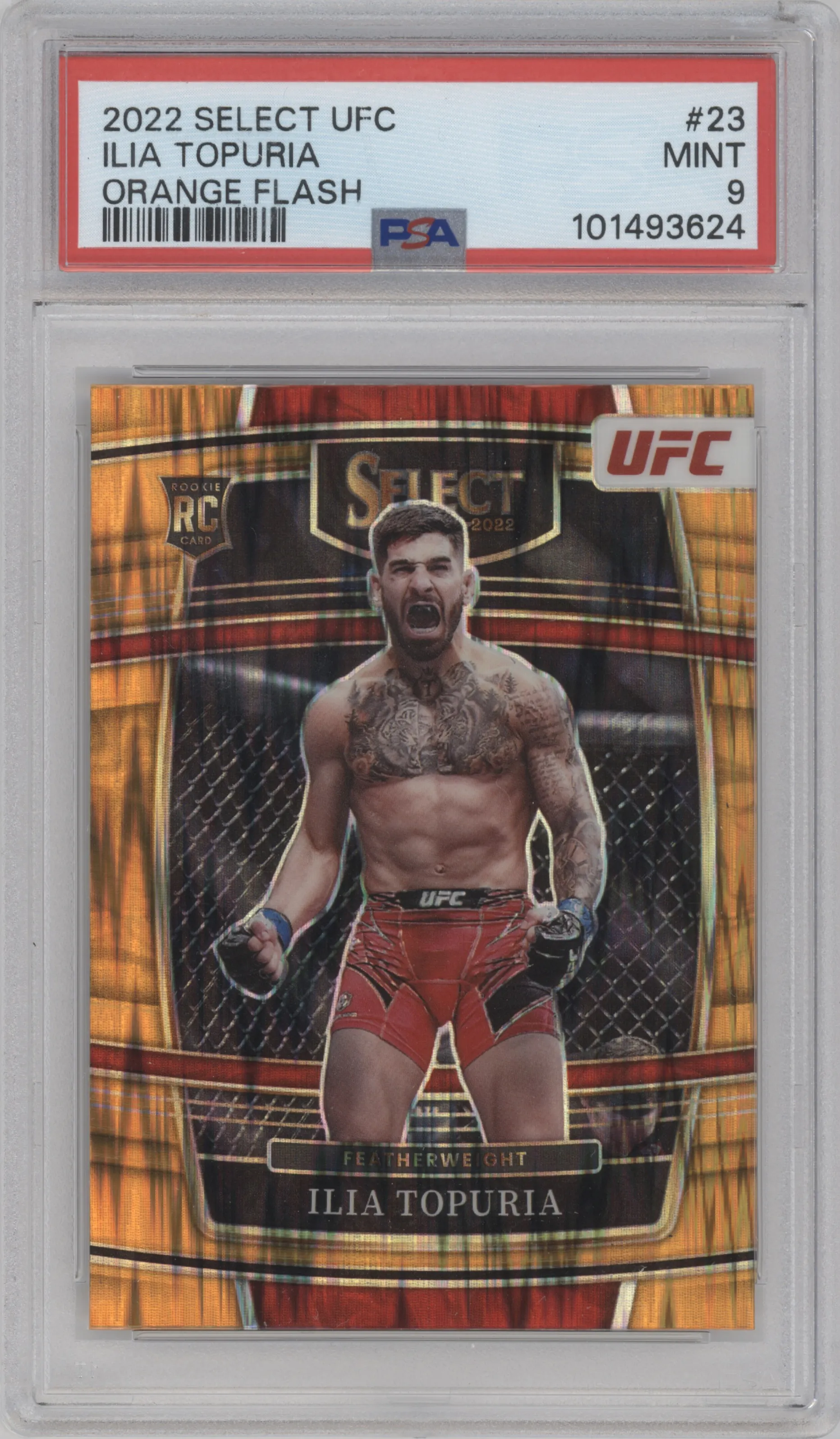 Ilia Topuria from the 2022 Panini Select UFC  set featuring a Orange Flash parallel graded by PSA and given an overall grade of 9.