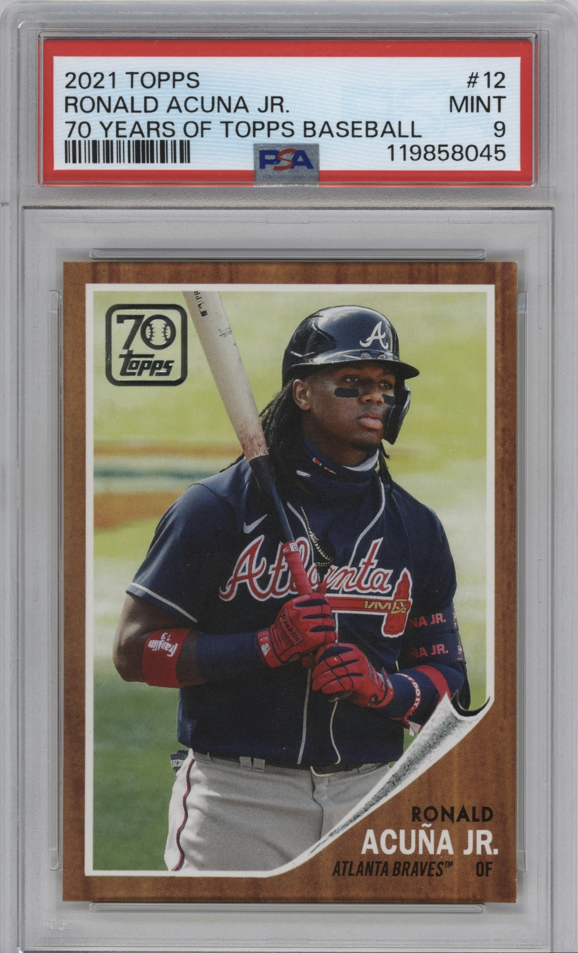 Ronald Acuna Jr. from the 2021 Topps Series 1 set graded by PSA and given an overall grade of 9.