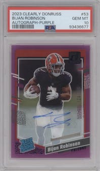 Bijan Robinson from the 2023 Clearly Donruss set featuring a Purple parallel graded by PSA and given an overall grade of 10.