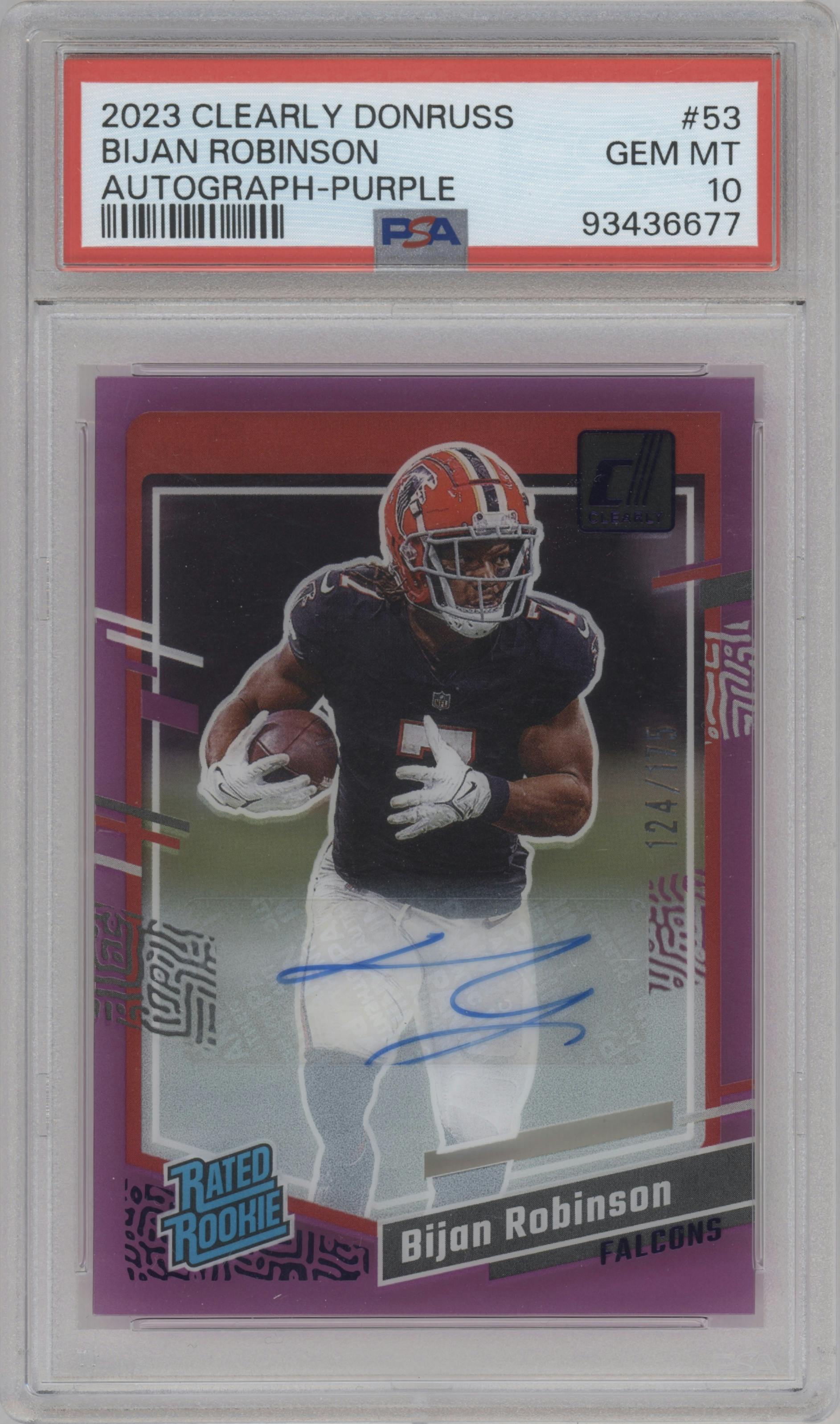 Bijan Robinson from the 2023 Clearly Donruss set featuring a Purple parallel graded by PSA and given an overall grade of 10.