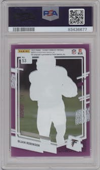 Bijan Robinson from the 2023 Clearly Donruss set featuring a Purple parallel graded by PSA and given an overall grade of 10.