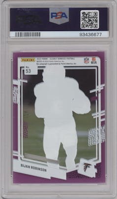 Bijan Robinson from the 2023 Clearly Donruss set featuring a Purple parallel graded by PSA and given an overall grade of 10.