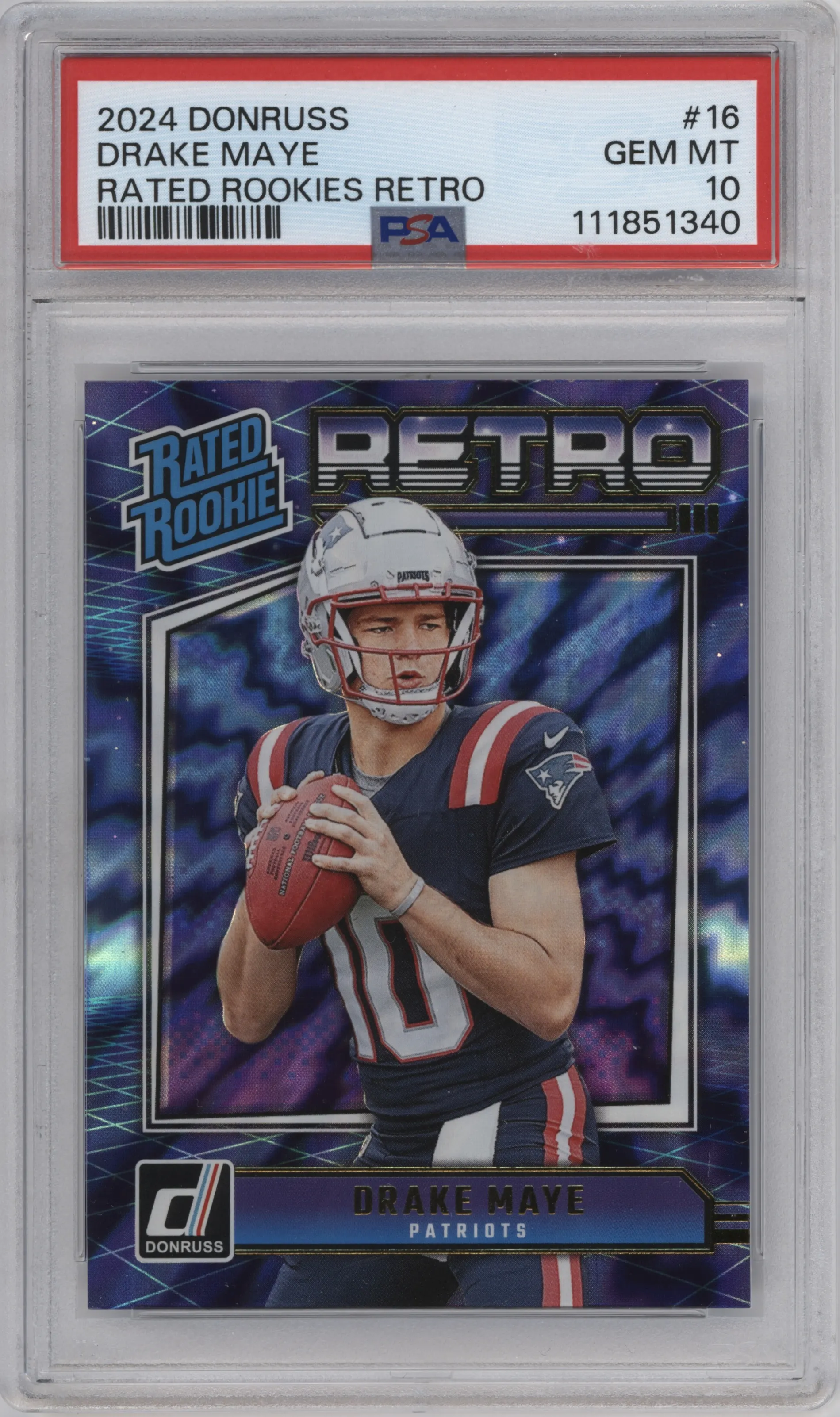 Drake Maye from the 2024 Donruss set graded by PSA and given an overall grade of 10.