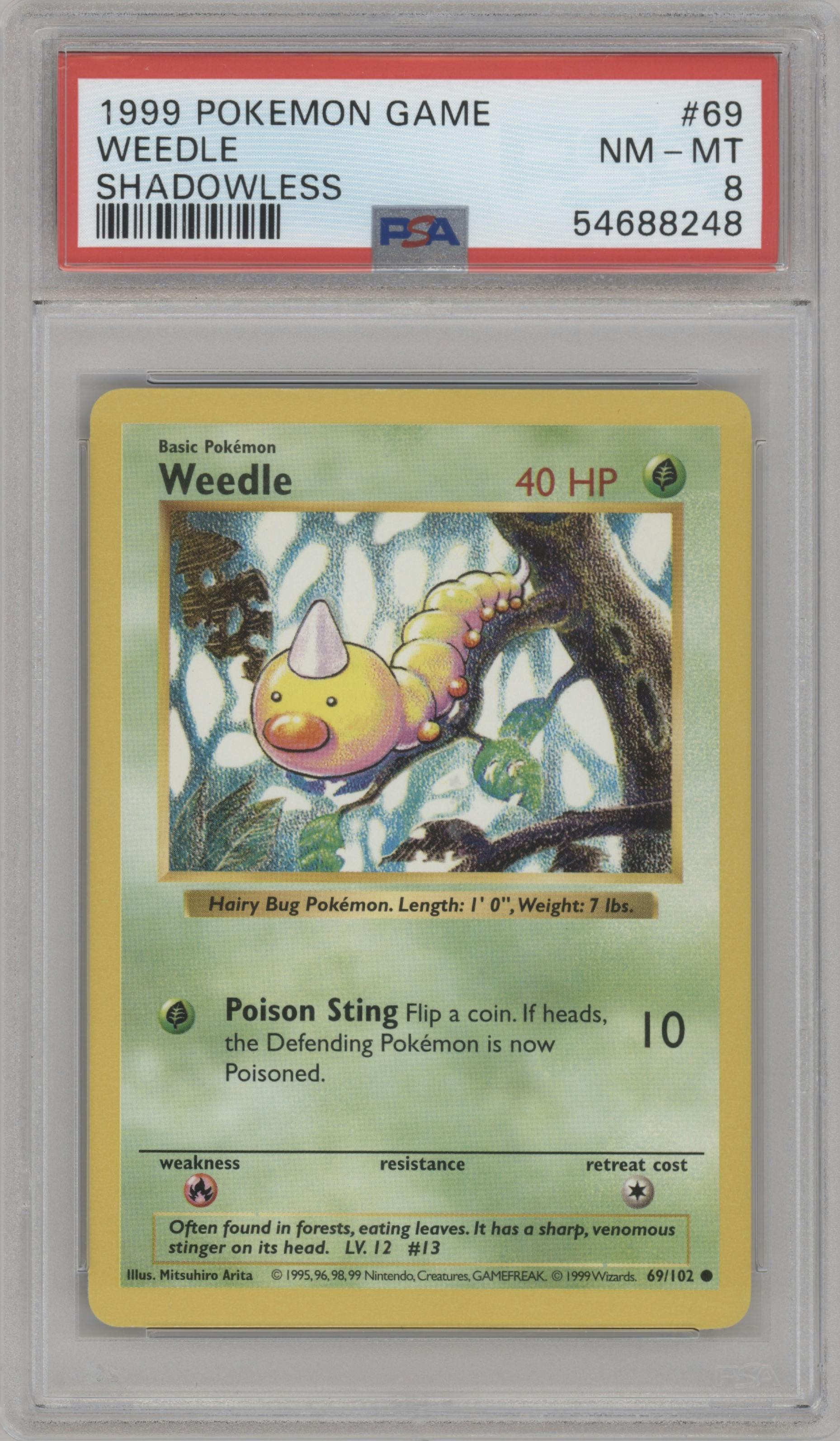 Weedle from the 1999 Pokemon set graded by PSA and given an overall grade of 8.
