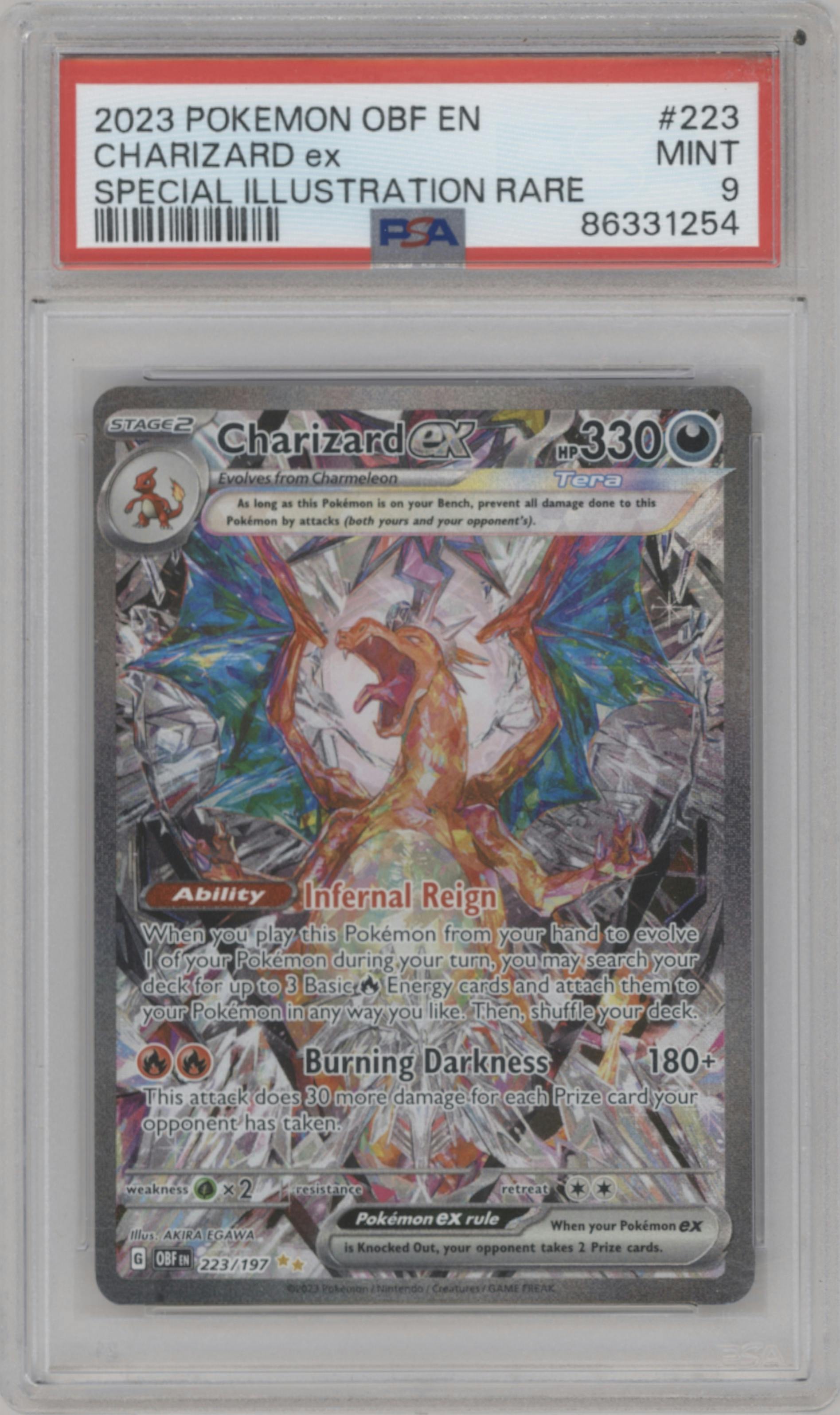 Charizard ex from the 2023 Pokemon SV set graded by PSA and given an overall grade of 9.
