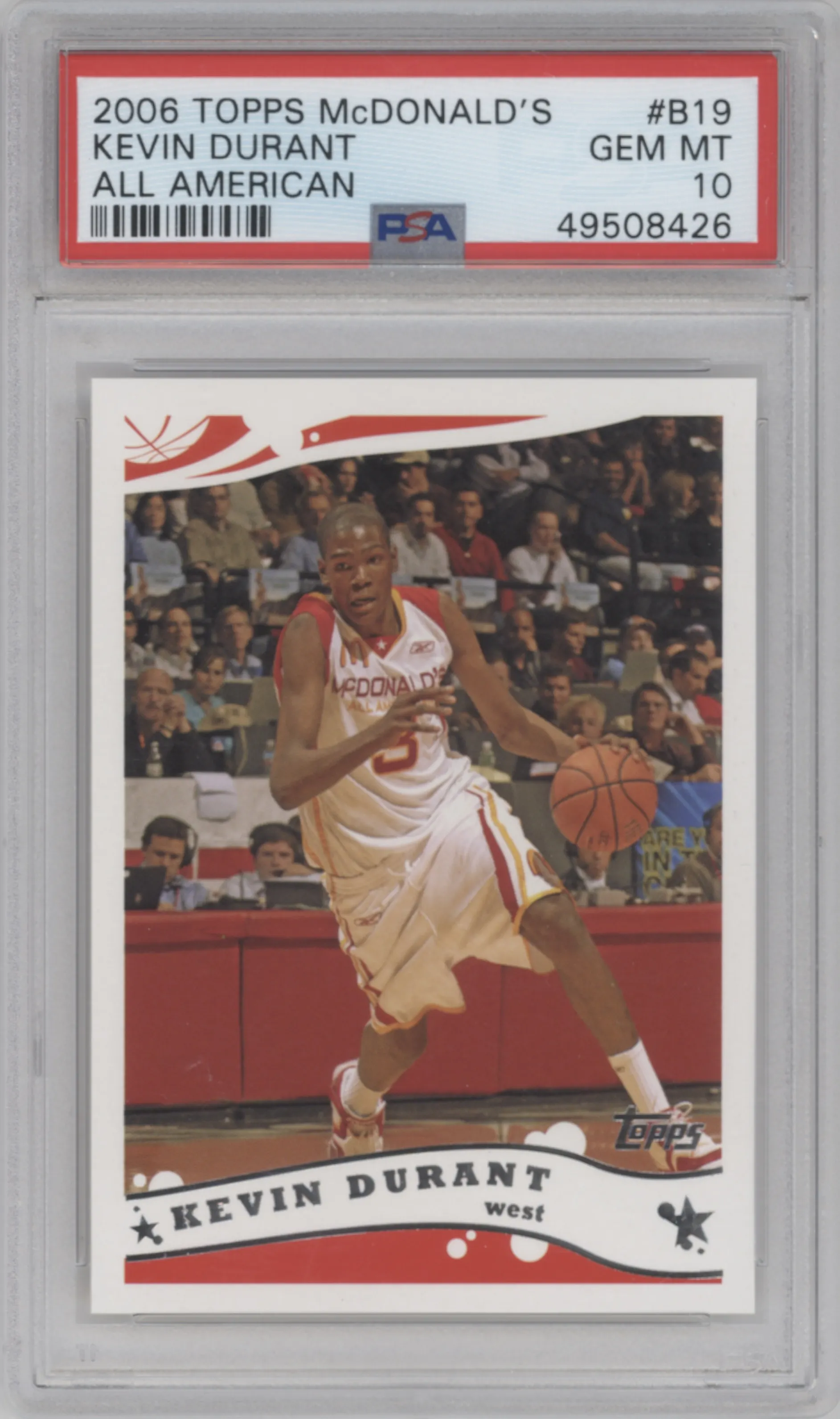 Kevin Durant from the 2006 Topps McDonald's set graded by PSA and given an overall grade of 10.