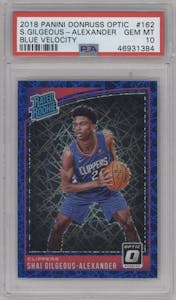 Shai Gilgeous-Alexander from the 2018-19 Panini Donruss Optic set featuring a Blue Velocity parallel graded by PSA and given an overall grade of 10.