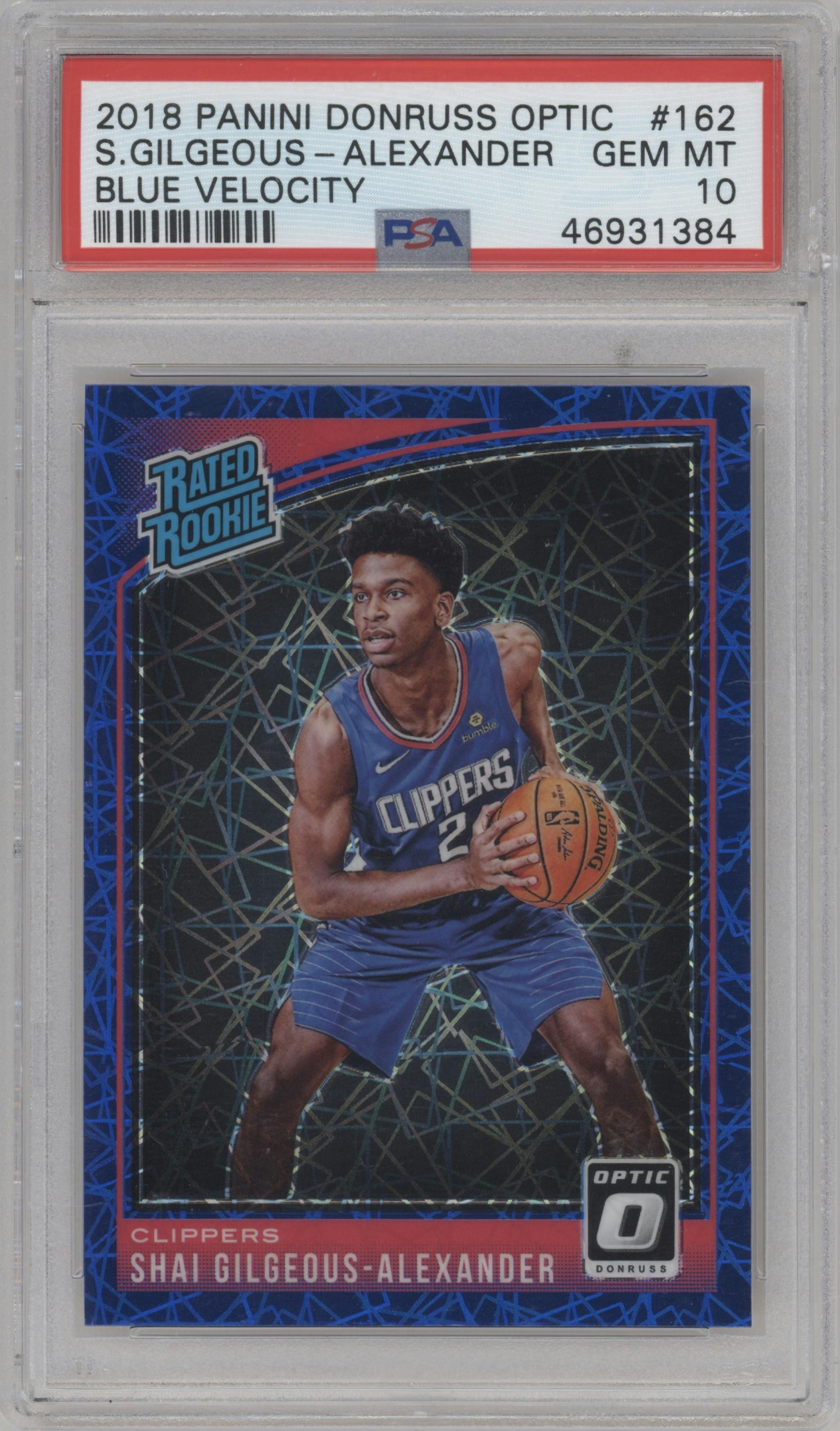 Shai Gilgeous-Alexander from the 2018-19 Panini Donruss Optic set featuring a Blue Velocity parallel graded by PSA and given an overall grade of 10.