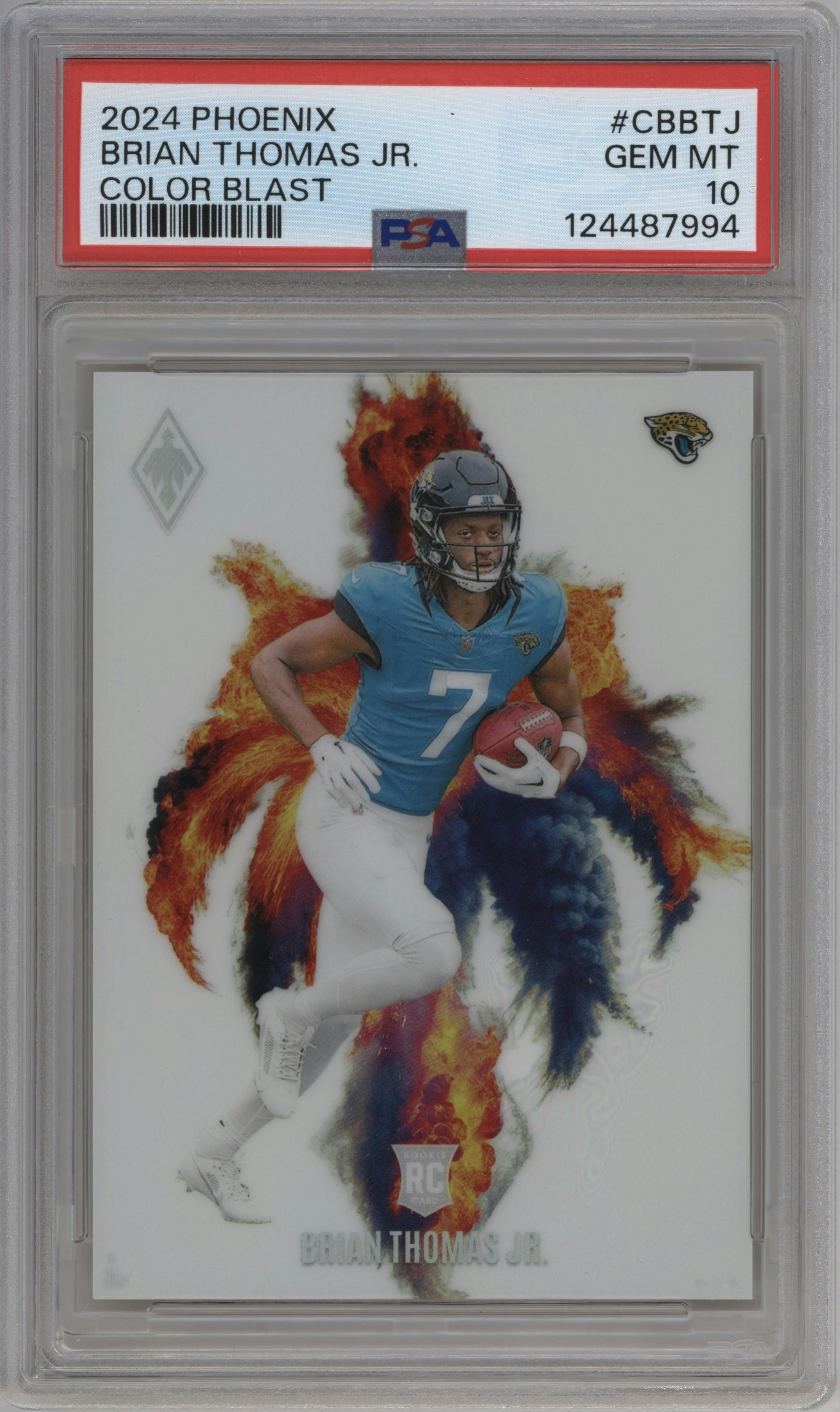 Brian Thomas Jr. from the 2024 Panini Phoenix set graded by PSA and given an overall grade of 10.