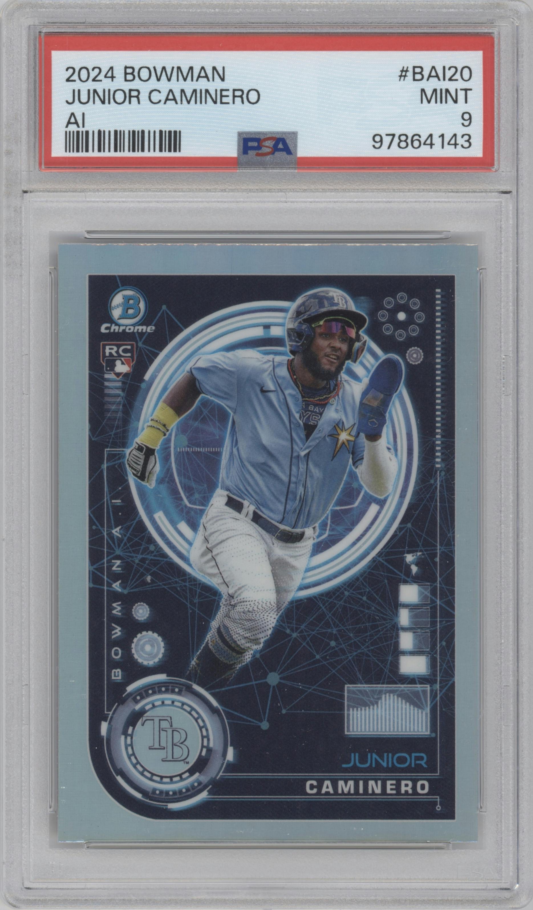 Junior Caminero from the 2024 Bowman set graded by PSA and given an overall grade of 9.