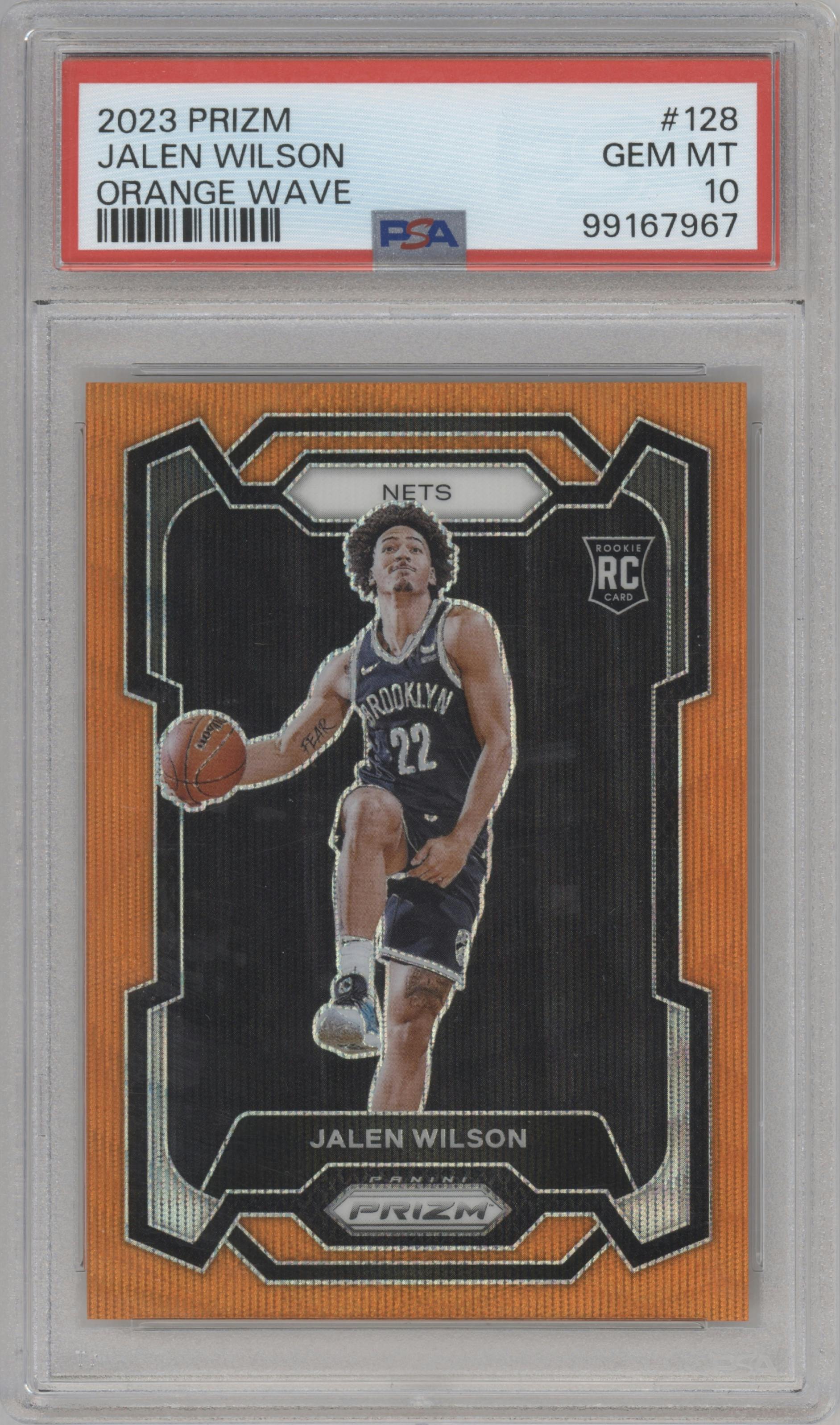 Jalen Wilson from the 2023-24 Panini Prizm set featuring a Orange Wave parallel graded by PSA and given an overall grade of 10.