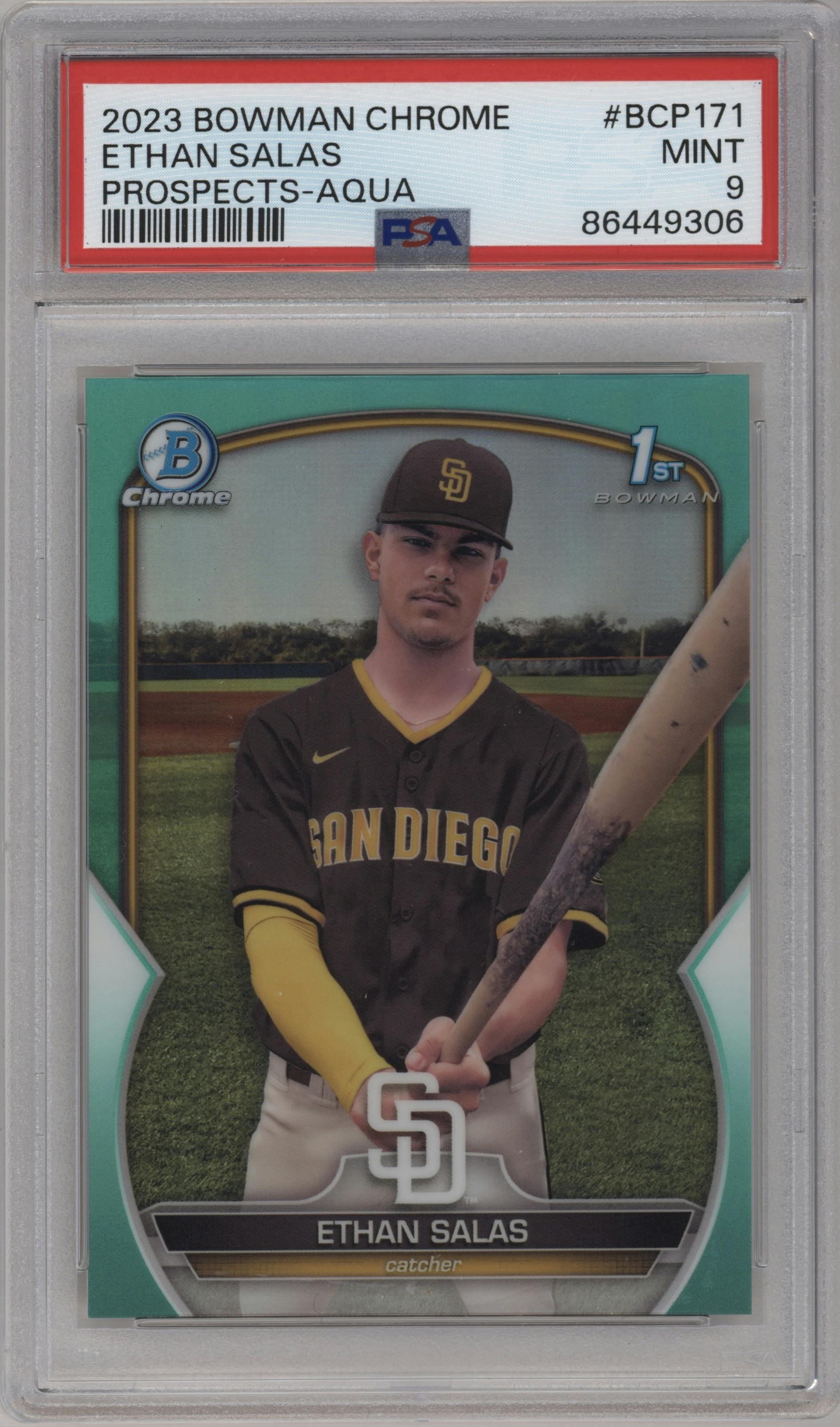Ethan Salas from the 2023 Bowman Chrome set featuring a Aqua Refractor parallel graded by PSA and given an overall grade of 9.