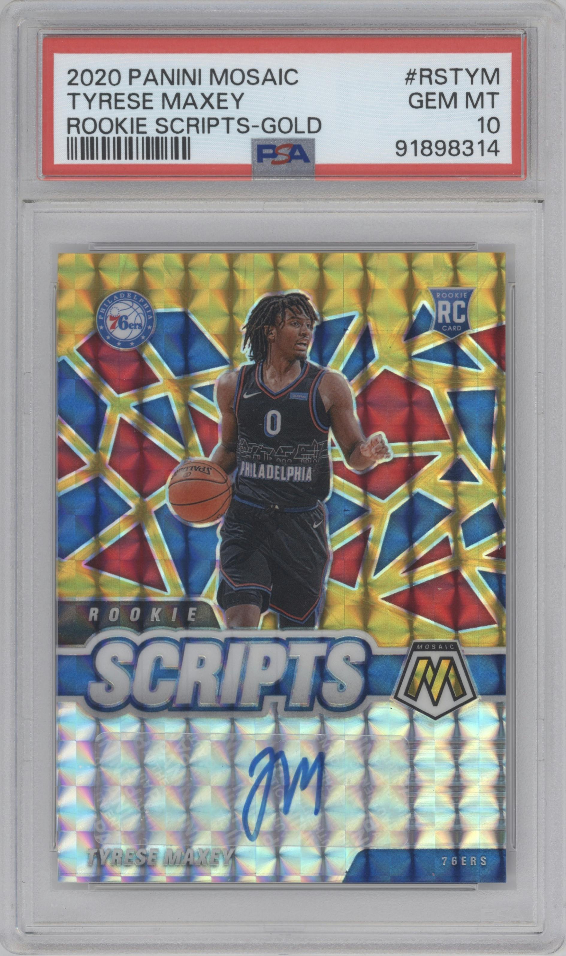 Tyrese Maxey from the 2020-21 Panini Mosaic set featuring a Gold parallel graded by PSA and given an overall grade of 10.