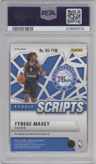 Tyrese Maxey from the 2020-21 Panini Mosaic set featuring a Gold parallel graded by PSA and given an overall grade of 10.