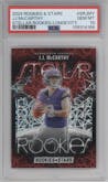 J.J. McCarthy from the 2024 Panini Rookies & Stars set featuring a Longevity parallel graded by PSA and given an overall grade of 10.