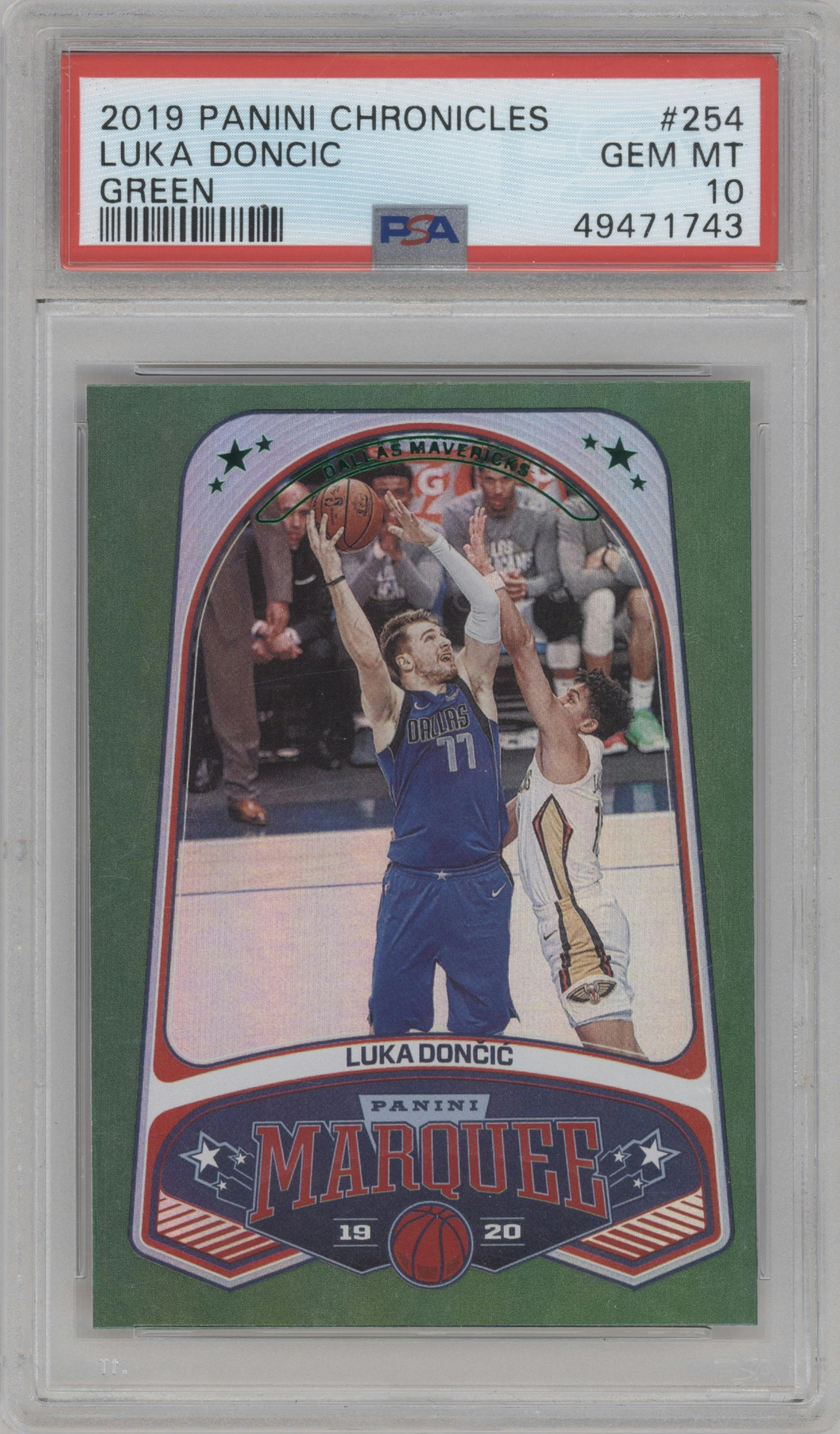 Luka Doncic from the 2019-20 Panini Chronicles  set featuring a Green parallel graded by PSA and given an overall grade of 10.