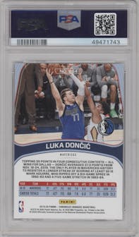 Luka Doncic from the 2019-20 Panini Chronicles  set featuring a Green parallel graded by PSA and given an overall grade of 10.