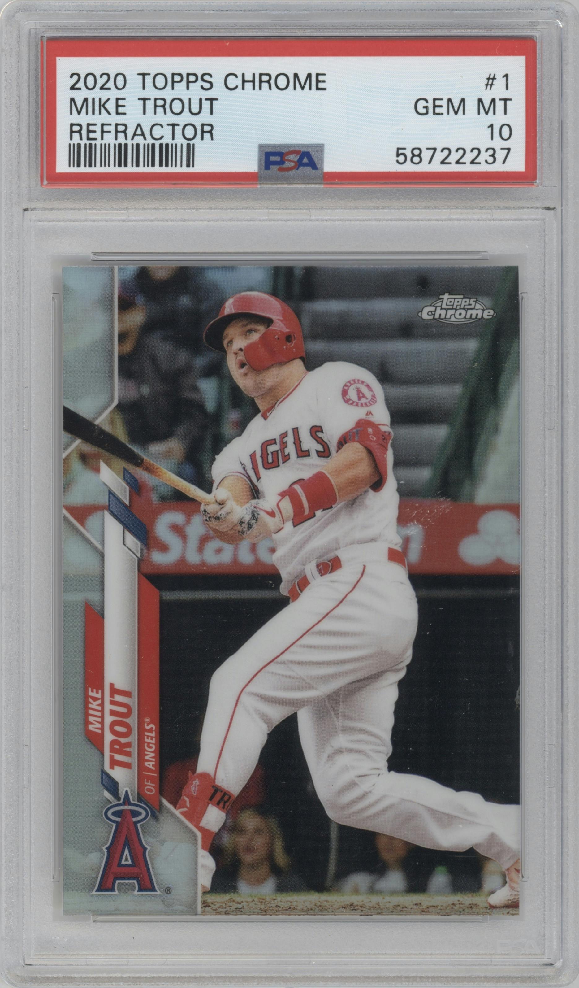 Mike Trout from the 2020 Topps Chrome set featuring a Refractor  parallel graded by PSA and given an overall grade of 10.