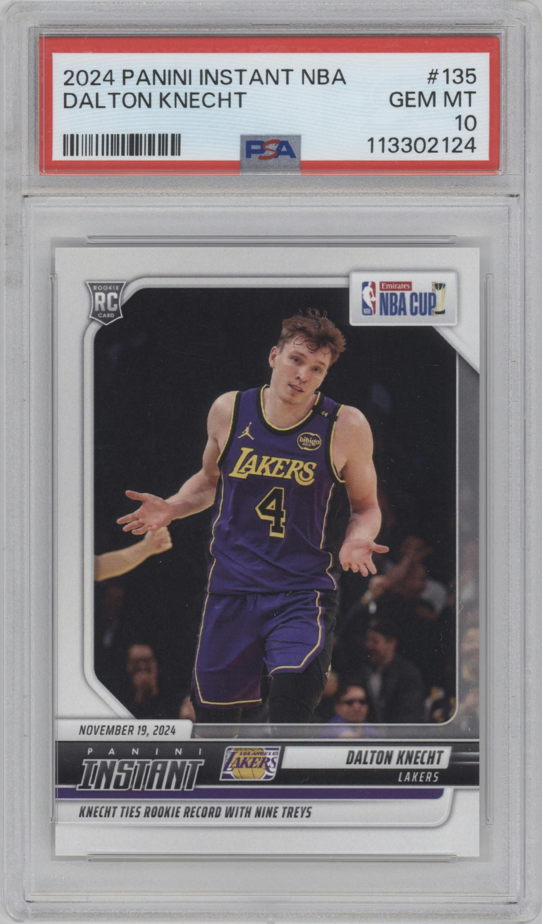 Dalton Knecht from the 2024-25 Panini Instant NBA set graded by PSA and given an overall grade of 10.