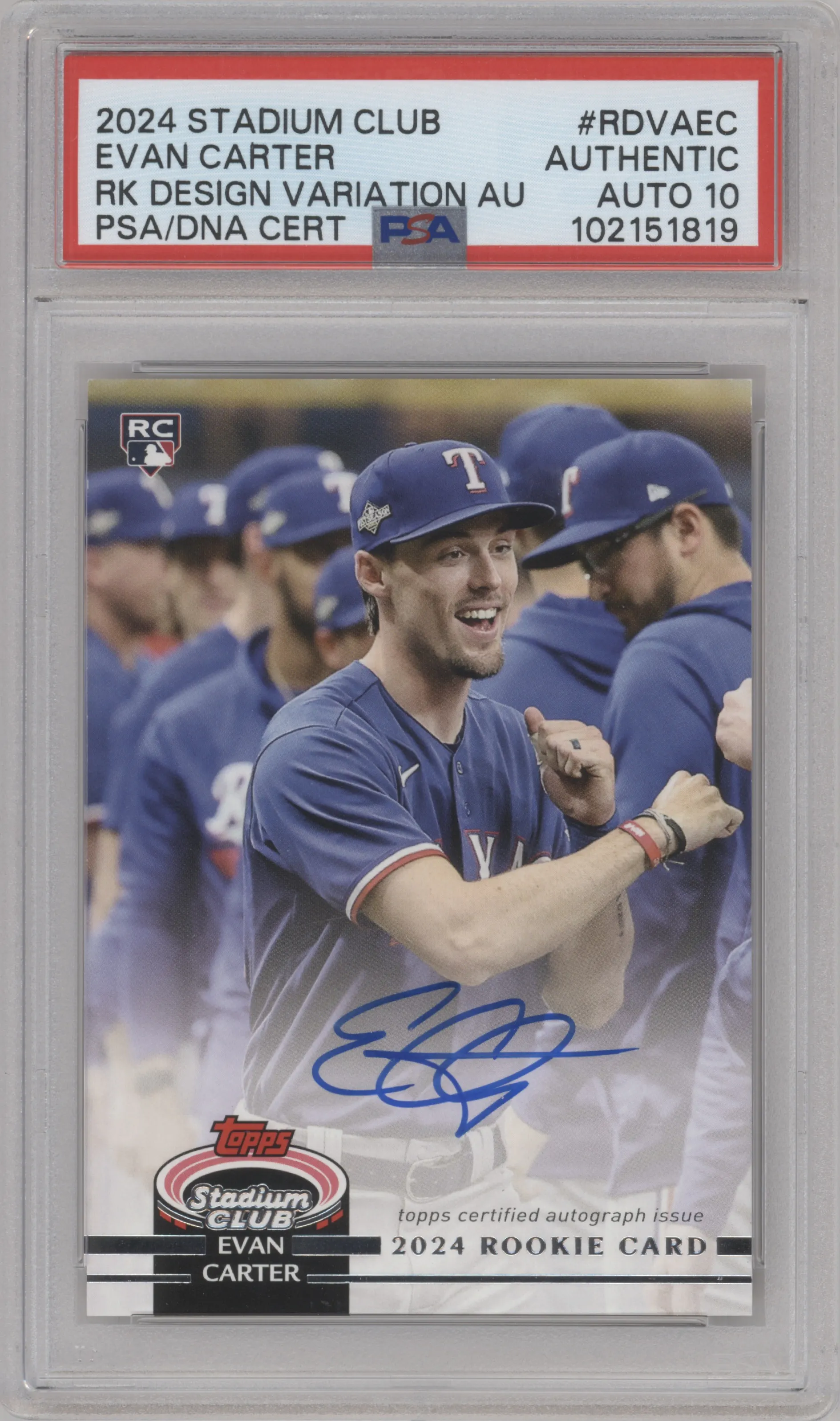 Evan Carter from the 2024 Topps Stadium Club set graded by PSA.
