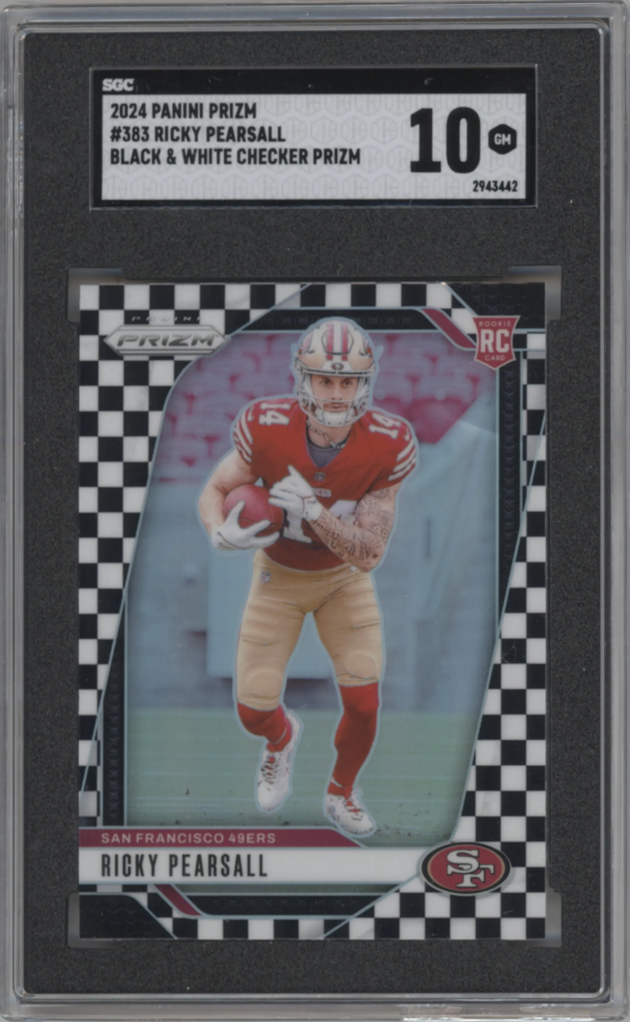 Ricky Pearsall from the 2024 Panini Prizm set featuring a Black & White Checker parallel graded by SGC and given an overall grade of 10.