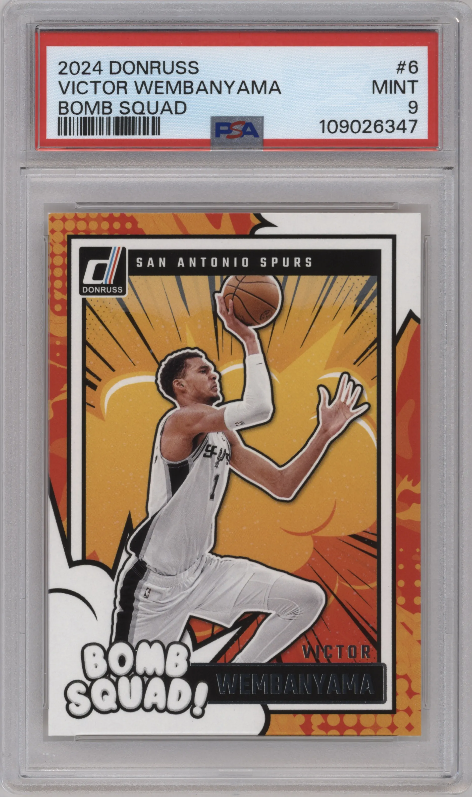 Victor Wembanyama from the 2024-25 Panini Donruss set graded by PSA and given an overall grade of 9.