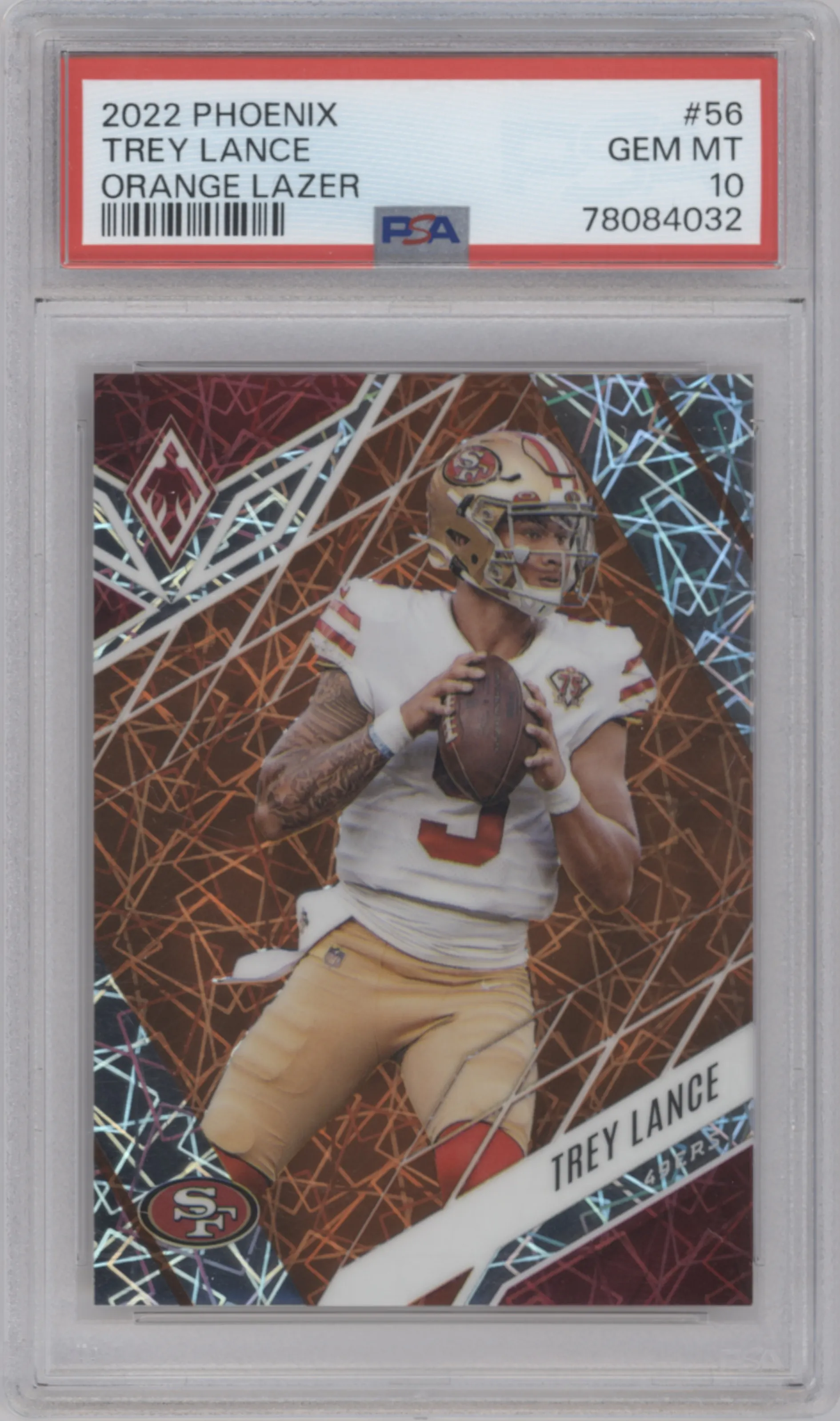 Trey Lance from the 2022 Panini Phoenix set featuring a Orange Lazer parallel graded by PSA and given an overall grade of 10.