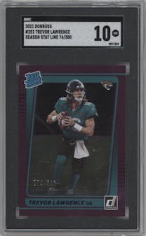 Trevor Lawrence from the 2021 Panini Donruss set featuring a Season Stat Line parallel graded by SGC and given an overall grade of 10.